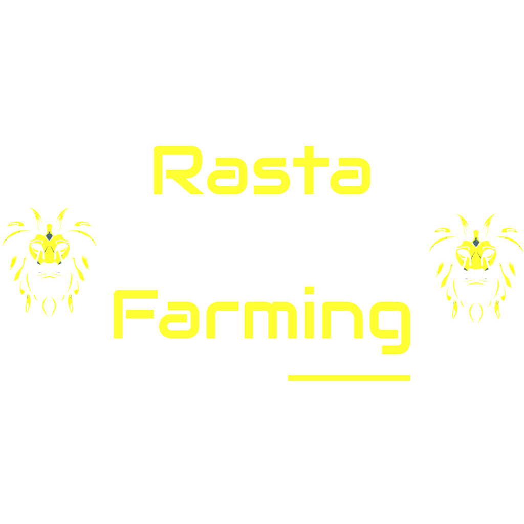 Transparent Rasta Roots Farming logo in white and yellow font