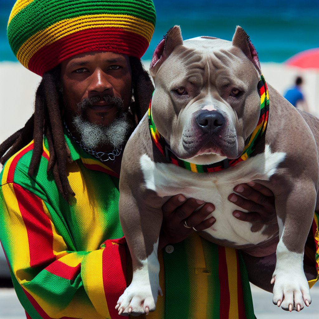 Rasta Man dressed in beautiful colors holding a pocket American Bully