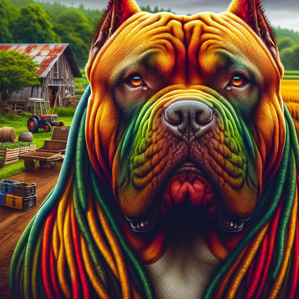strong american Bully in Rasta Man colors with a farm in the background
