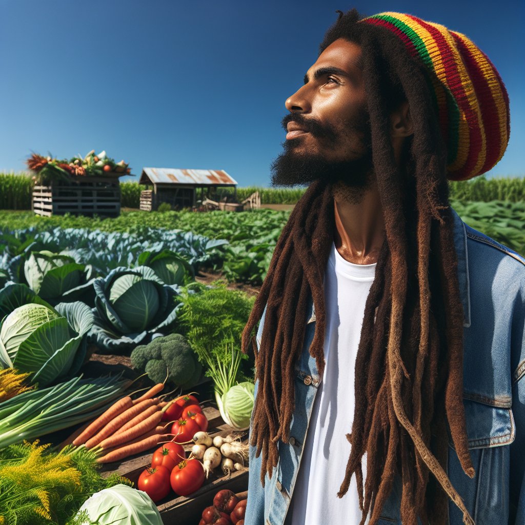 Rasta Man in a field of vegetables looking up into the sky